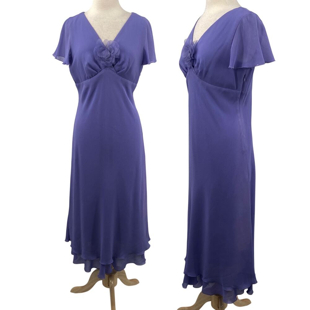 Vintage Y2k Bias Cut Maxi Dress Slinky Rosette Flower V Neck Purple Womens 12